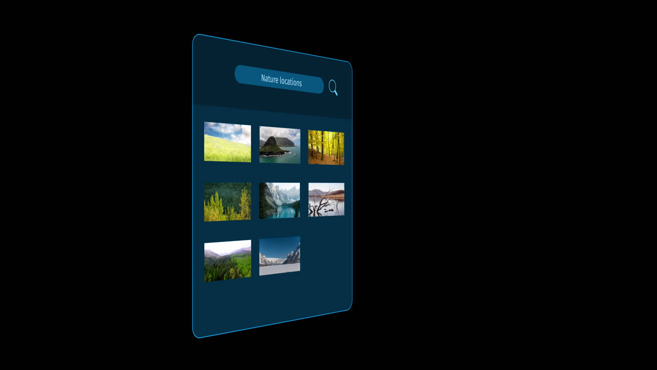 animación de la interfaz con lugares de la naturaleza texto y paisajes sobre fondo negro