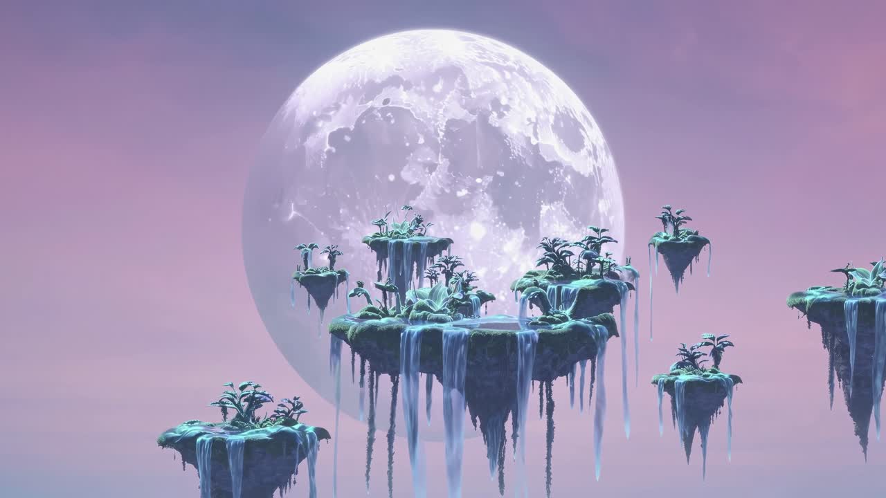 Surreal video concept of floating islands with lush greenery, set against a giant moon