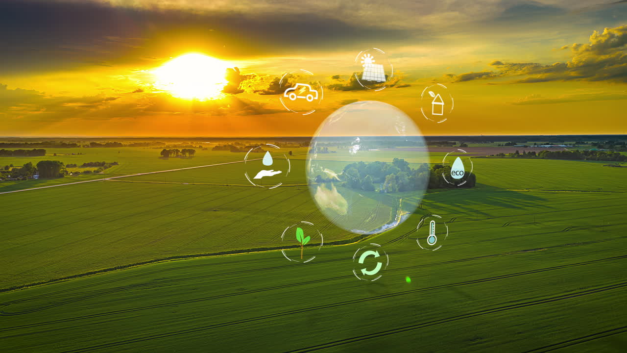 지속 가능한 유기농 농지 작물에 대한 황금빛 일몰 - 환경 지구 애니메이션과 공중 하이퍼 프