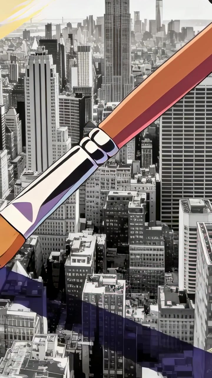 Vertical video: Right pastel streak guiding paintbrush painting grey city, laying pink mint strokes