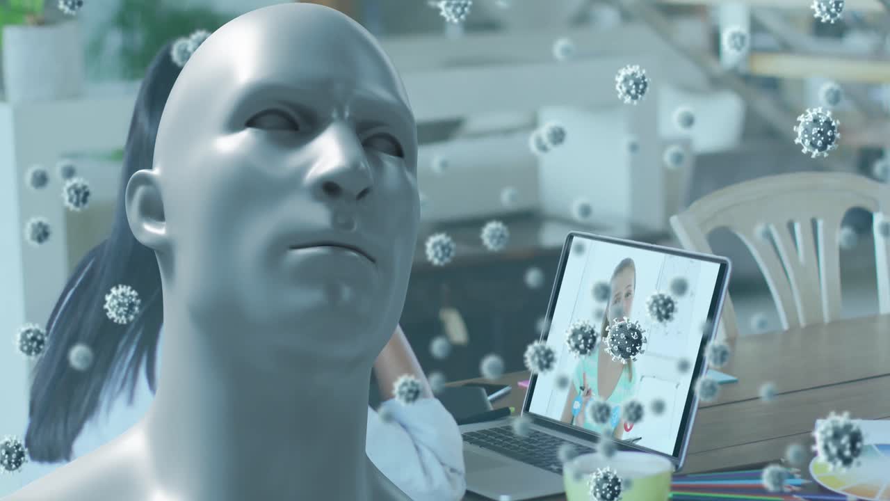animación de cabeza humana y células de covid 19 una mujer de negocios en una videollamada de portátil
