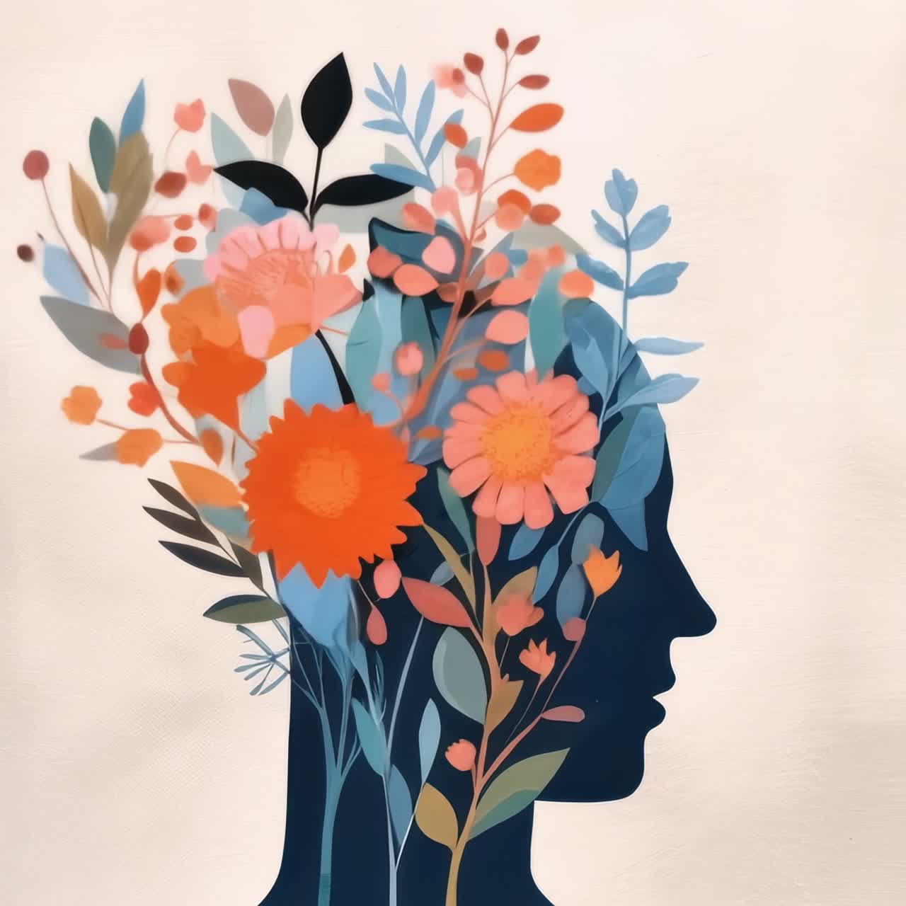 Silhouette of a head filled with colorful flowers, symbolizing creativity
