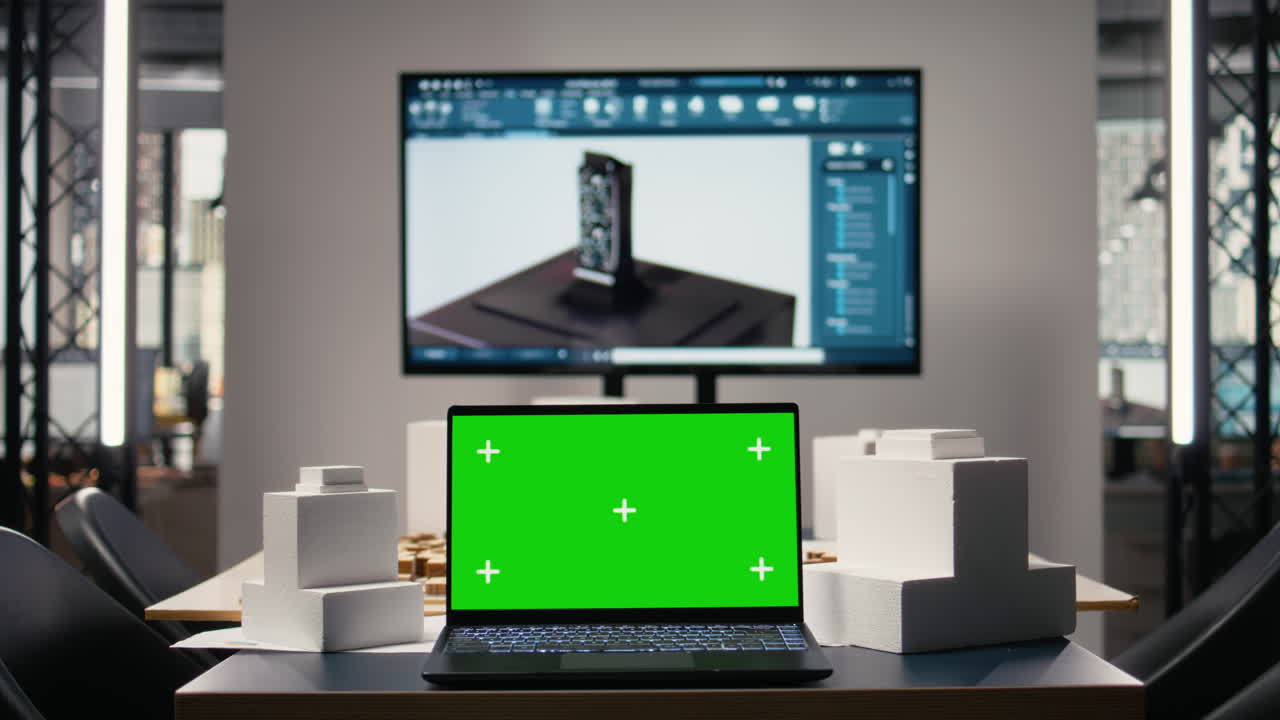 Ufficio di pianificazione immobiliare con sedie vuote e chroma key su laptop
