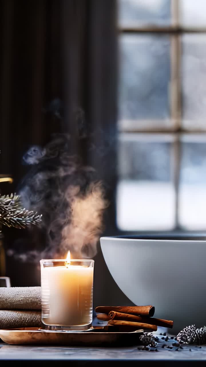 Une scène chaleureuse avec une bougie vacillante, des bâtons de cannelle et des serviettes douces près d’une fenêtre, évoquant la chaleur et le confort au milieu d’un arrière-plan hivernal