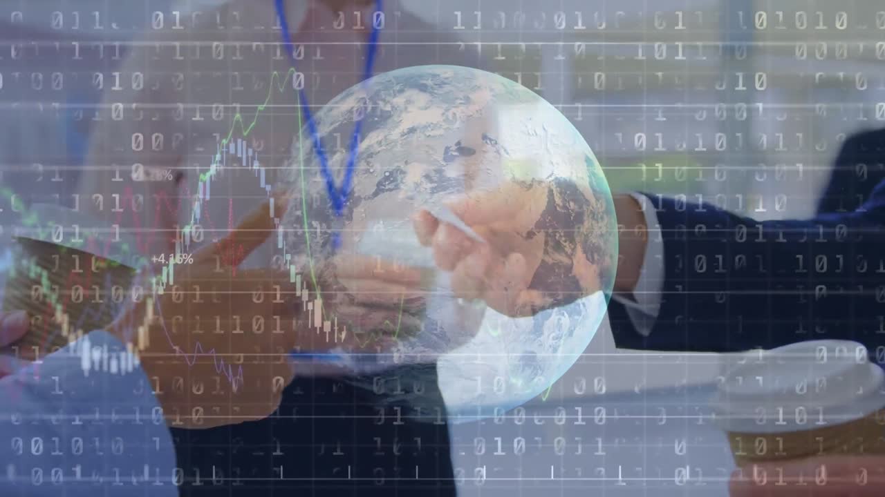 세계와 이진 코드의 애니메이션 다양한 사업가들이 손을 흔들고 있습니다.