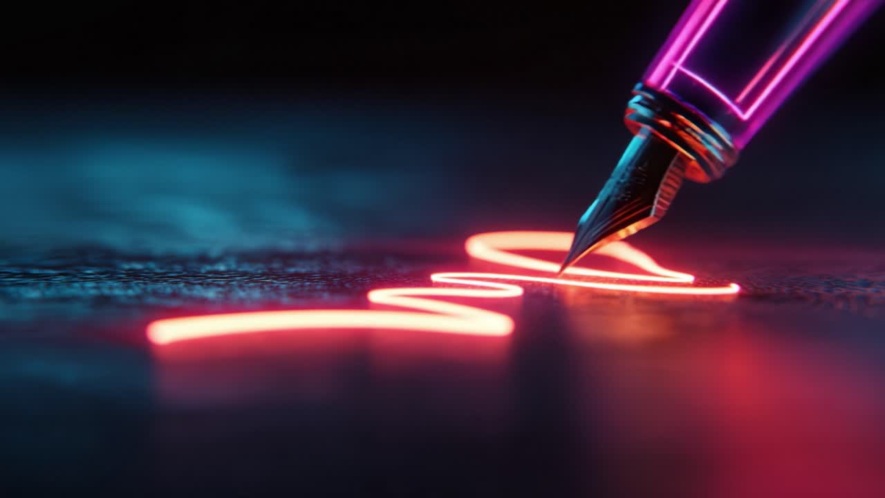 Stylish fountain pen with a classic nib writing an illuminated signature on a dark, reflective surface in a beautiful, creative, and futuristic scene with vibrant pink and blue neon lights