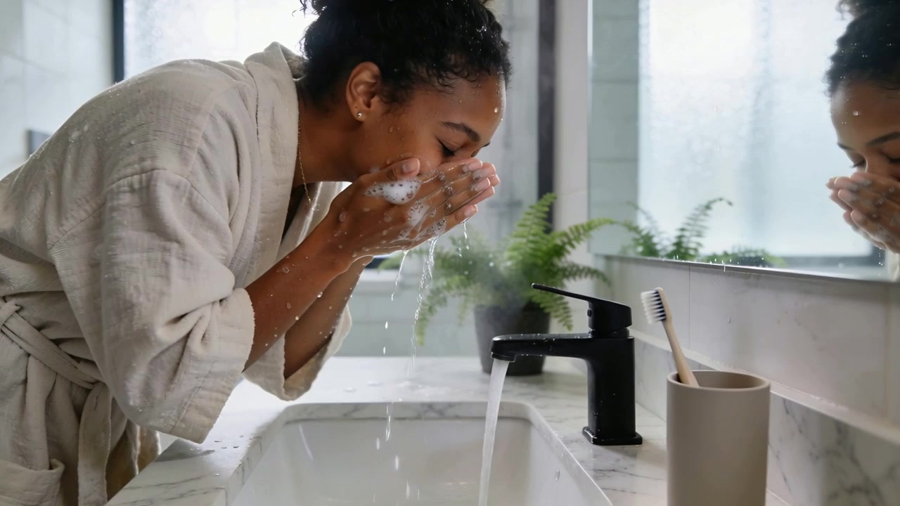 Washing woman in robe cupping suds, pressing foam, rinsing face at sink with black faucet running