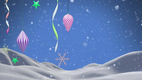 Animation-of-snowflakes-floating-over-hanging-christmas-decorations-against-winter-landscape