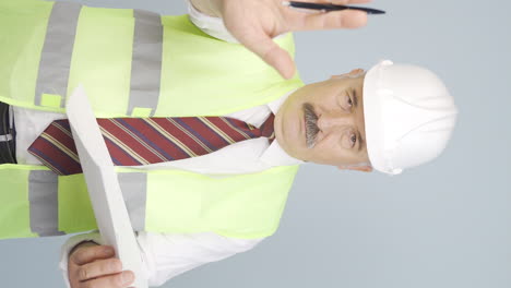 Vertical-video-of-The-old-engineer-looks-at-the-camera-and-makes-a-stop-sign.