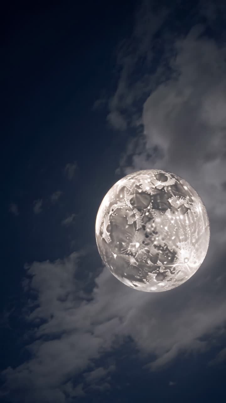 Ângulo de vídeo aéreo capturando uma lua cheia luminosa contra um céu noturno nublado, evocando uma atmosfera mística