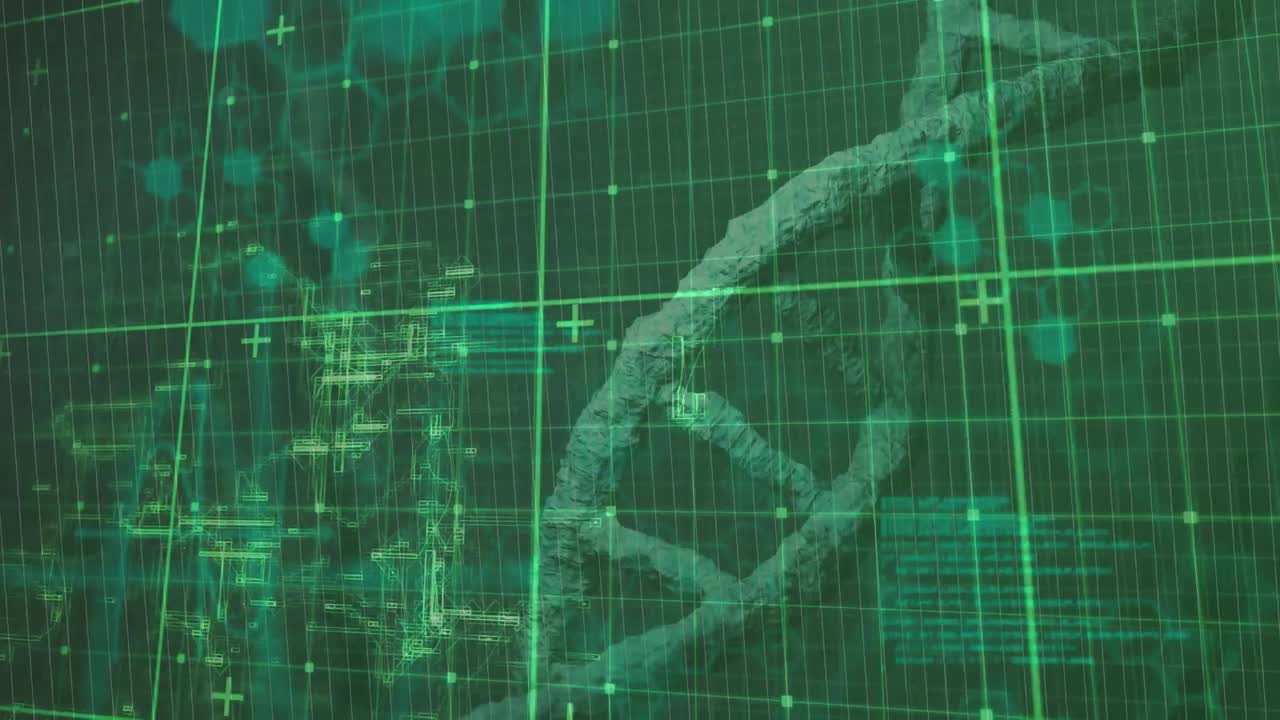 animación del hilado de cadenas de adn y procesamiento de datos sobre la cuadrícula