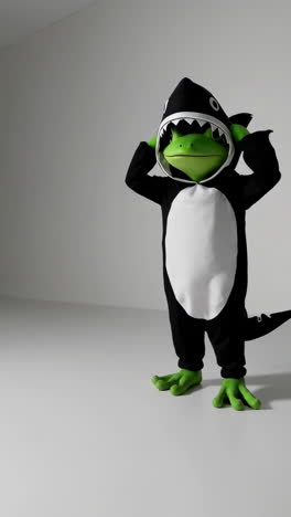 green frog character dressed in a shark costume