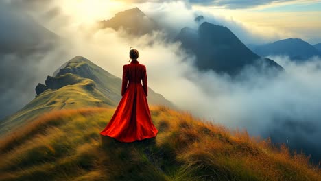 woman in red dress overlooks misty mountain landscape at sunset