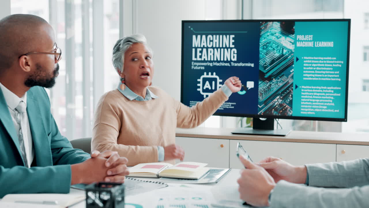 Business meeting discussing machine learning and AI