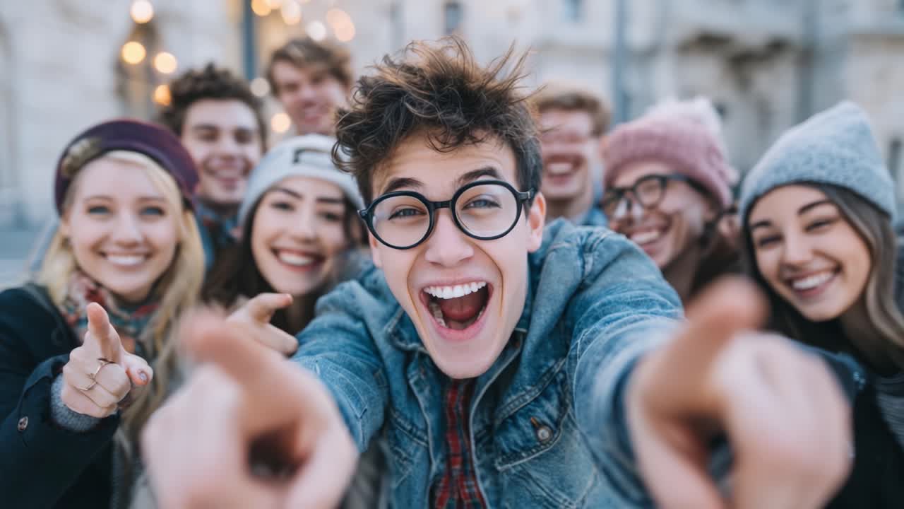 Allegro gruppo di amici che si diverte all'aperto: risate, sorrisi ed entusiasmo condivisi tra giovani in un'atmosfera vivace