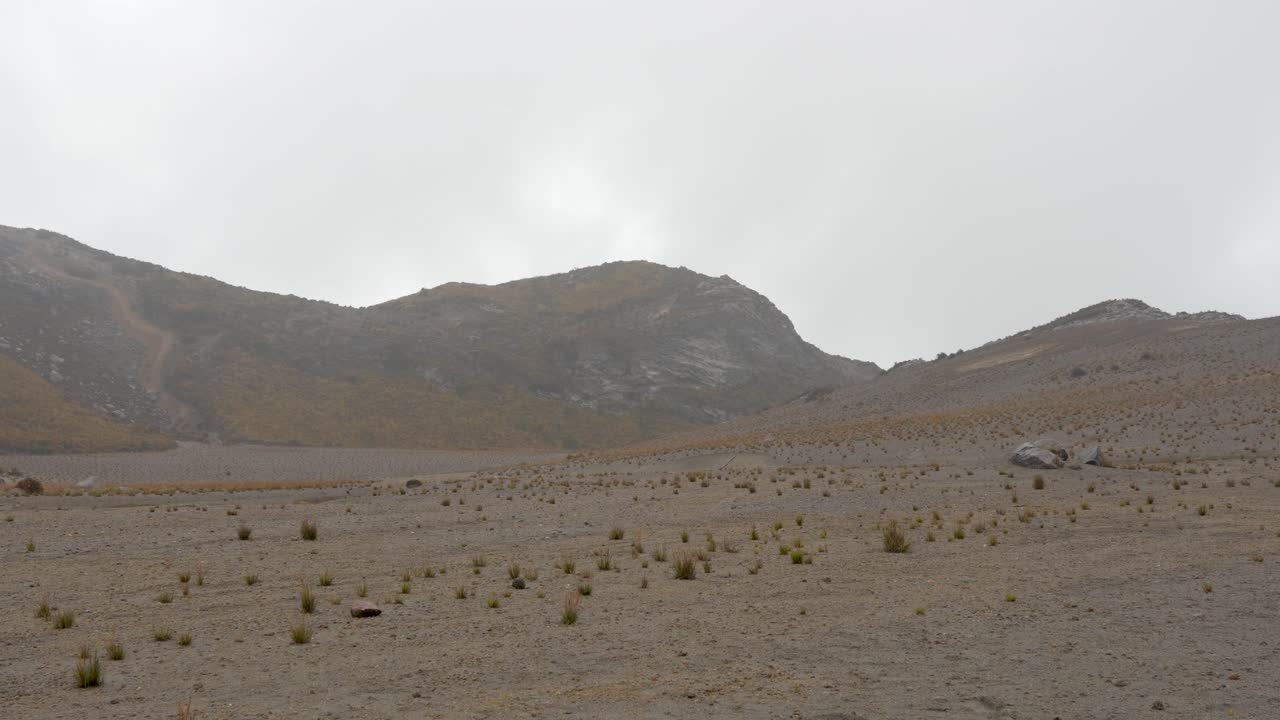 Filmmaterial från ett ökenlikt vulkanlandskap vid Nevado del Ruiz i Colombia som visar karg terräng, hög höjd och Andernas vulkaniska ekosystem
