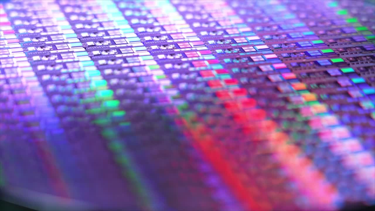 Macro View of a Colorful Semiconductor Wafer with Microchips