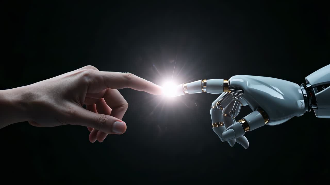 Mano sinistra umana che si avvicina e bot che colma il divario, con una luce fioca che scintilla in studio, formando un bagliore simbolico.