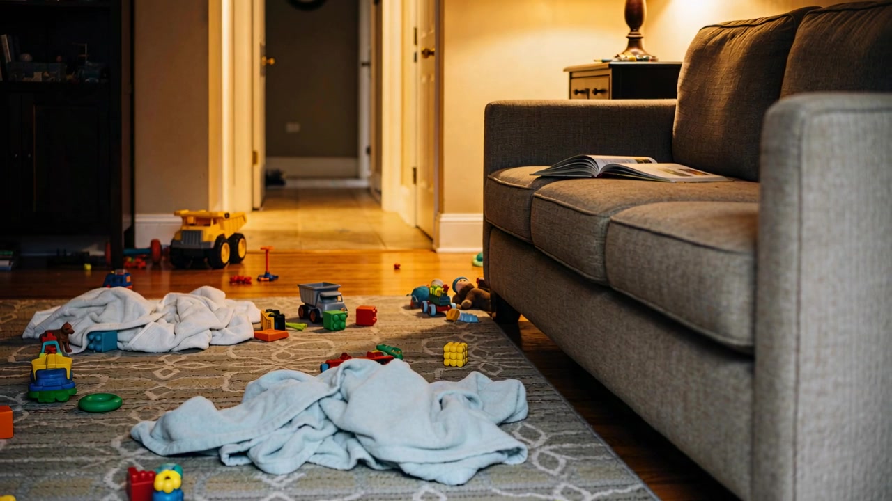 Holding camera steady after child leaving, capturing play area on rug with blanket and book
