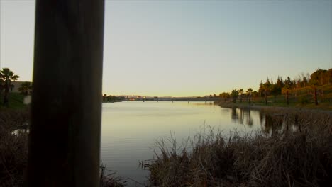 Reveal-Of-Lake-From-Behind-pond-in-sunset