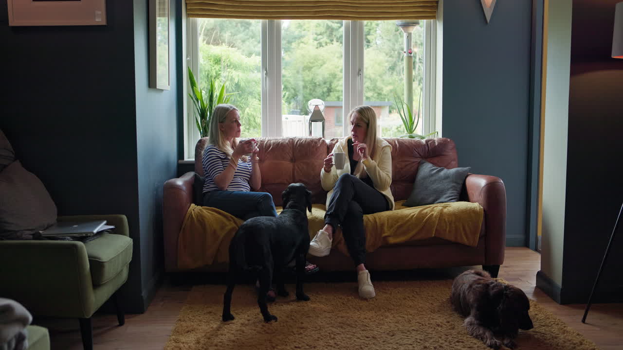Two women relaxing at home with their dogs