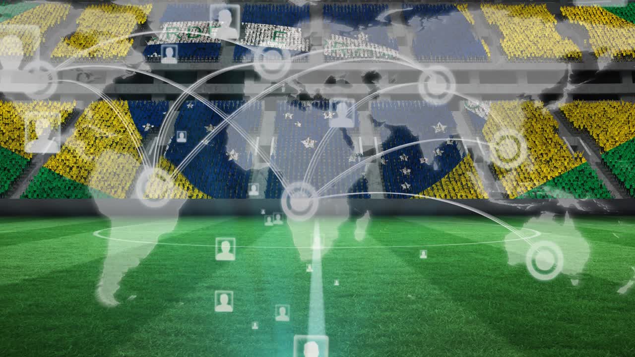 анимация сети соединений, карта мира над бразильским флагом на пустых трибунах на спортивном стадионе