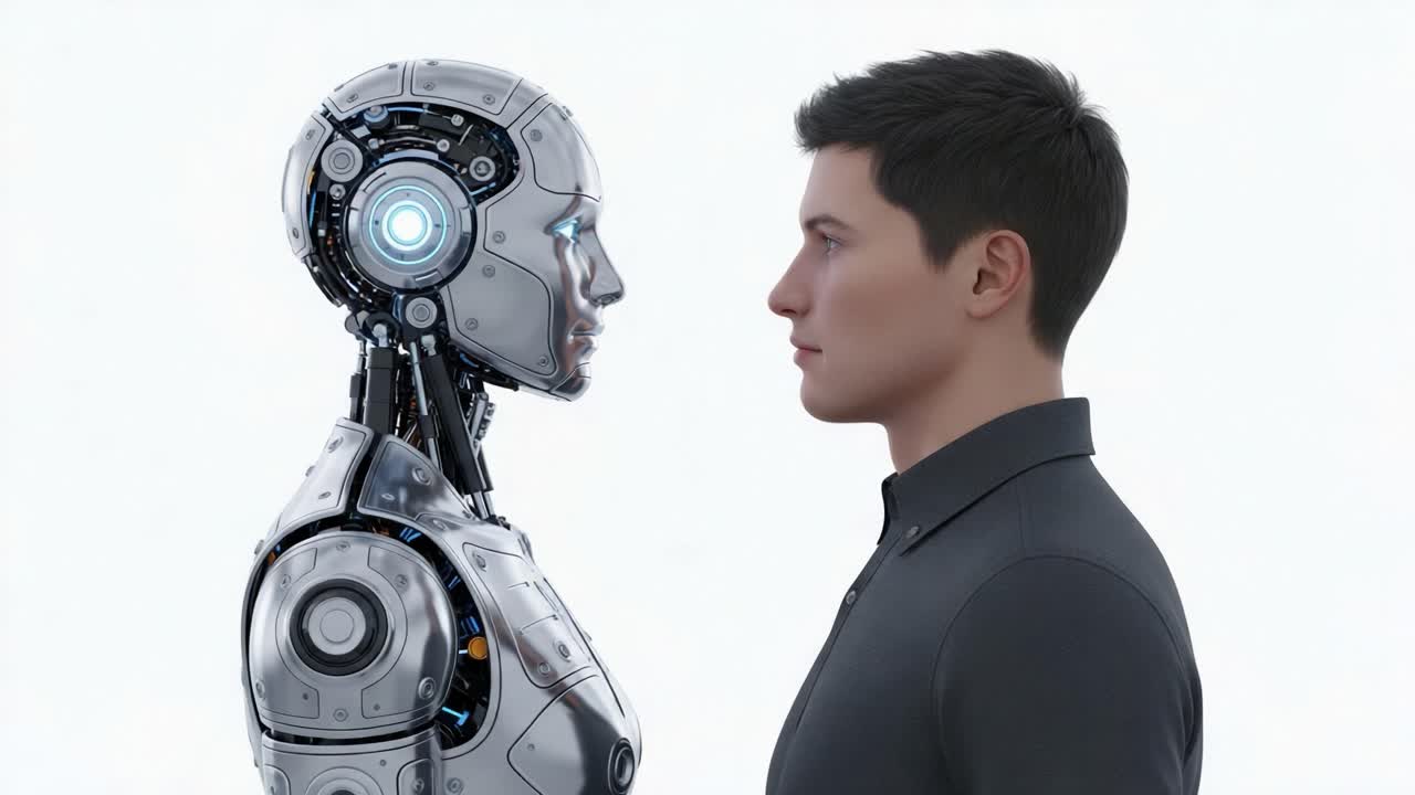 A Futuristic Encounter: A Human and Robot Face Each Other in a Harmonious Standoff, Exploring the Intersection of Technology and Humanity, Inviting Reflection on AI's Role in Our Lives