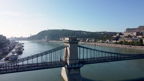 Puente-De-Las-Cadenas-Széchenyi-Que-Cruza-El-Río-Danubio-Con-Vistas-Al-Castillo-De-Buda,-Aéreo