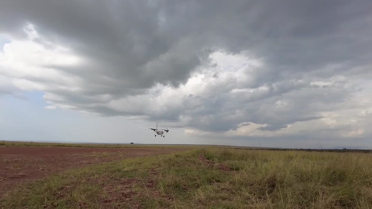 An airplane takes off at an airstrip in Maasai Mara National Reserve in Kenya carrying tourists who were on Safari to view wildlife