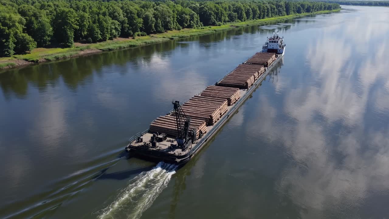 Aerial video captures a cargo ship navigating a tranquil river, surrounded by lush greenery