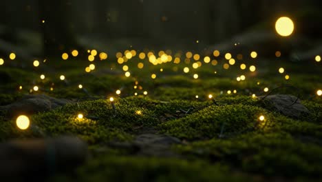 enchanting glow of mesmerizing lights on a mossy forest floor, creating a dreamlike atmosphere in nature's embrace