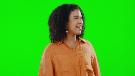 happy, looking and a girl on a green screen