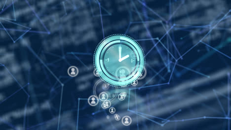 animación de reloj moviéndose sobre el globo, conexiones, datos, iconos y fondo naval
