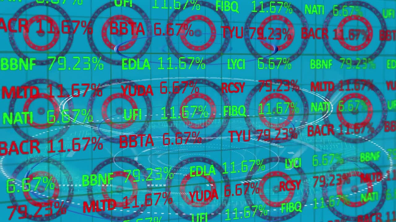 주식 시장 데이터 처리 및 회전 원에 여러 별에 대한 둥근 스캐너