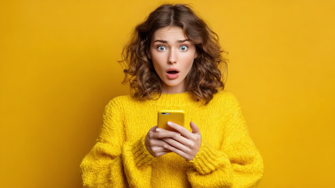 Overrasket kvinde i gul sweater betragter chokeret sin smartphone på en skriggul baggrund