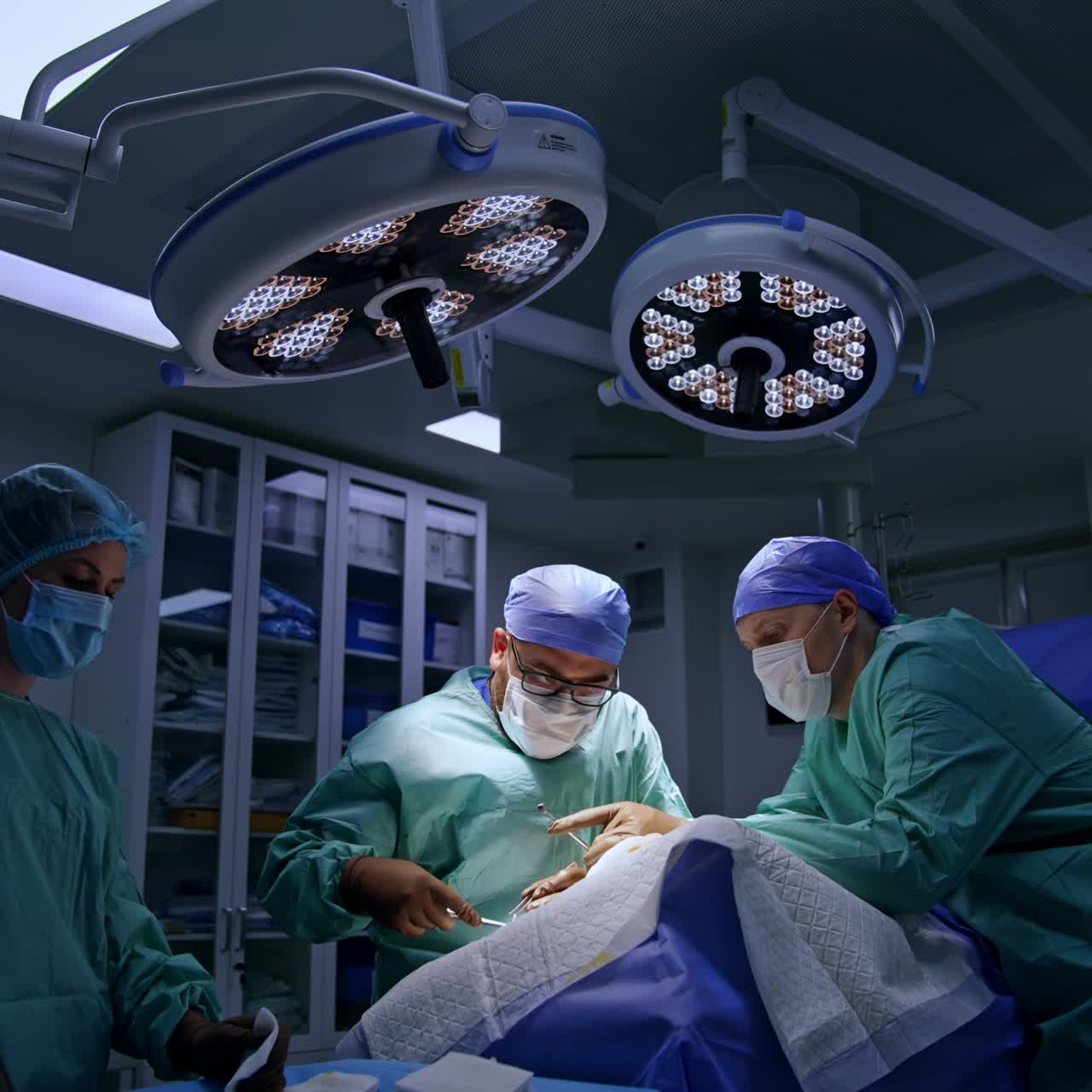 Two surgeons work under round lamps in surgery room. Nurse standing beside at the table with instruments