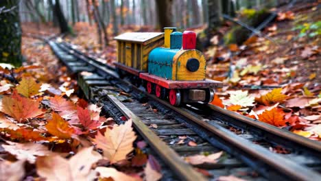 a small train is on a wooden track. the train is yellow and blue