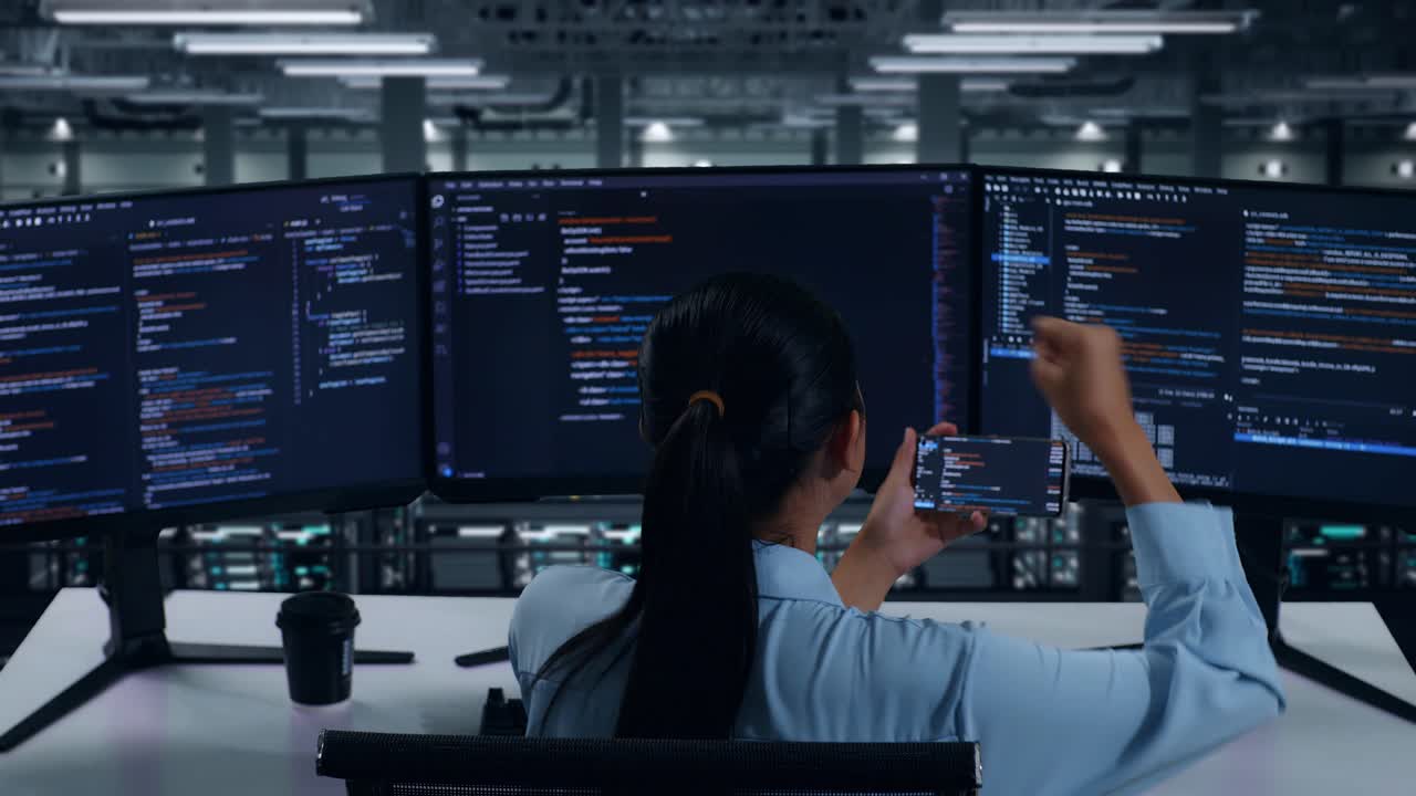 vista trasera de una desarrolladora asiática feliz mirando el código en un teléfono móvil mientras escribe código con múltiples pantallas de computadora en un centro de datos