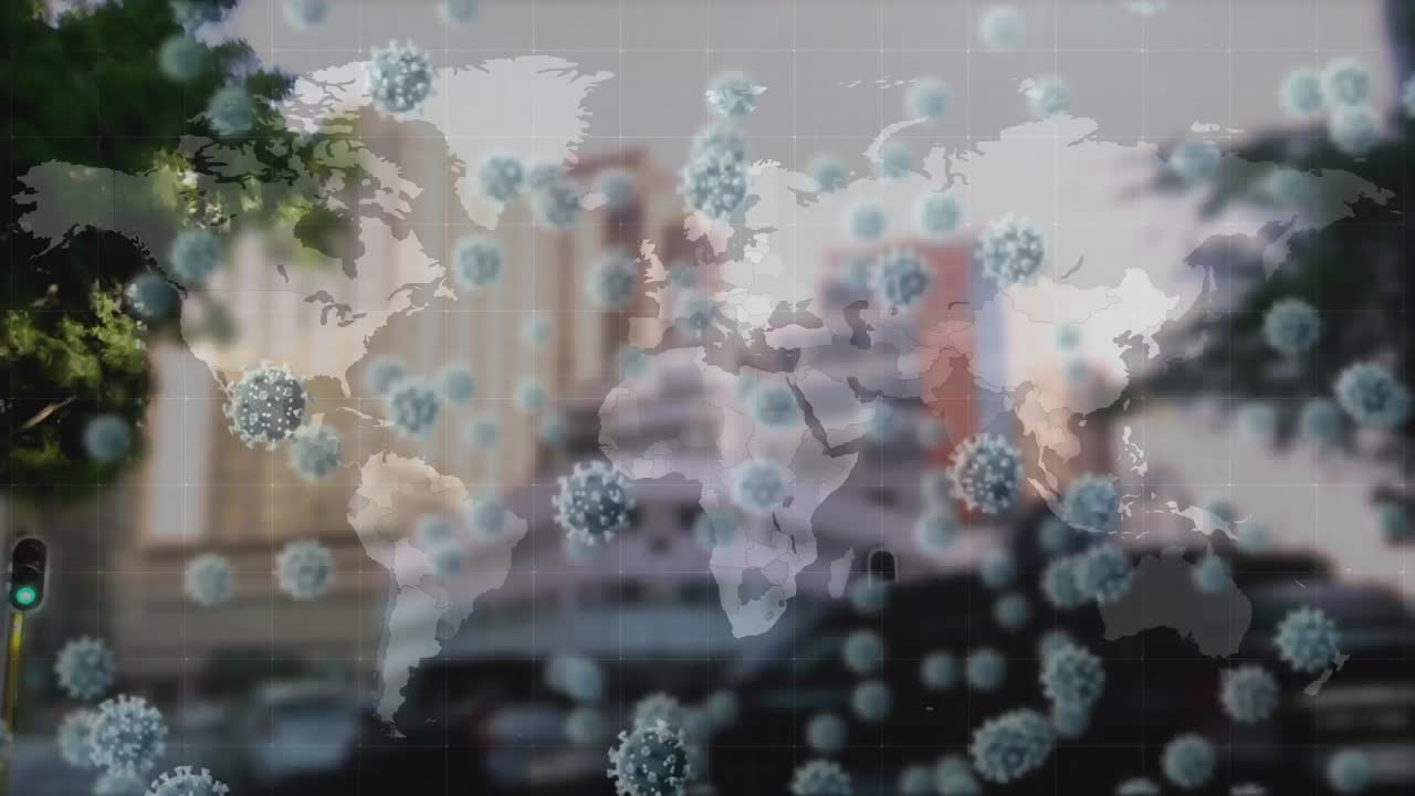 Animation of coronavirus covid19 cells over world map and city on background
