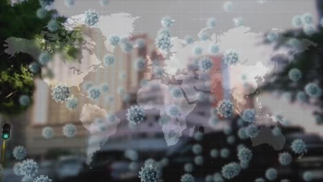 animation of coronavirus covid19 cells over world map and city on background