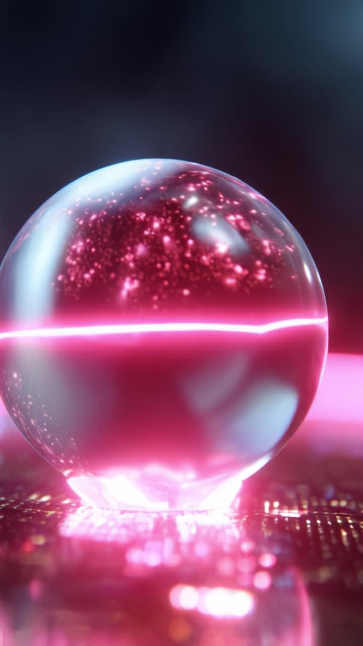 Sebuah Bola Bercahaya Merah Muda yang Memukau Mengambang di Atas Permukaan Reflektif, Memancarkan Cahaya Cerah dan Pola Kosmik yang Rumit, Menciptakan Tontonan Visual yang Menakjubkan