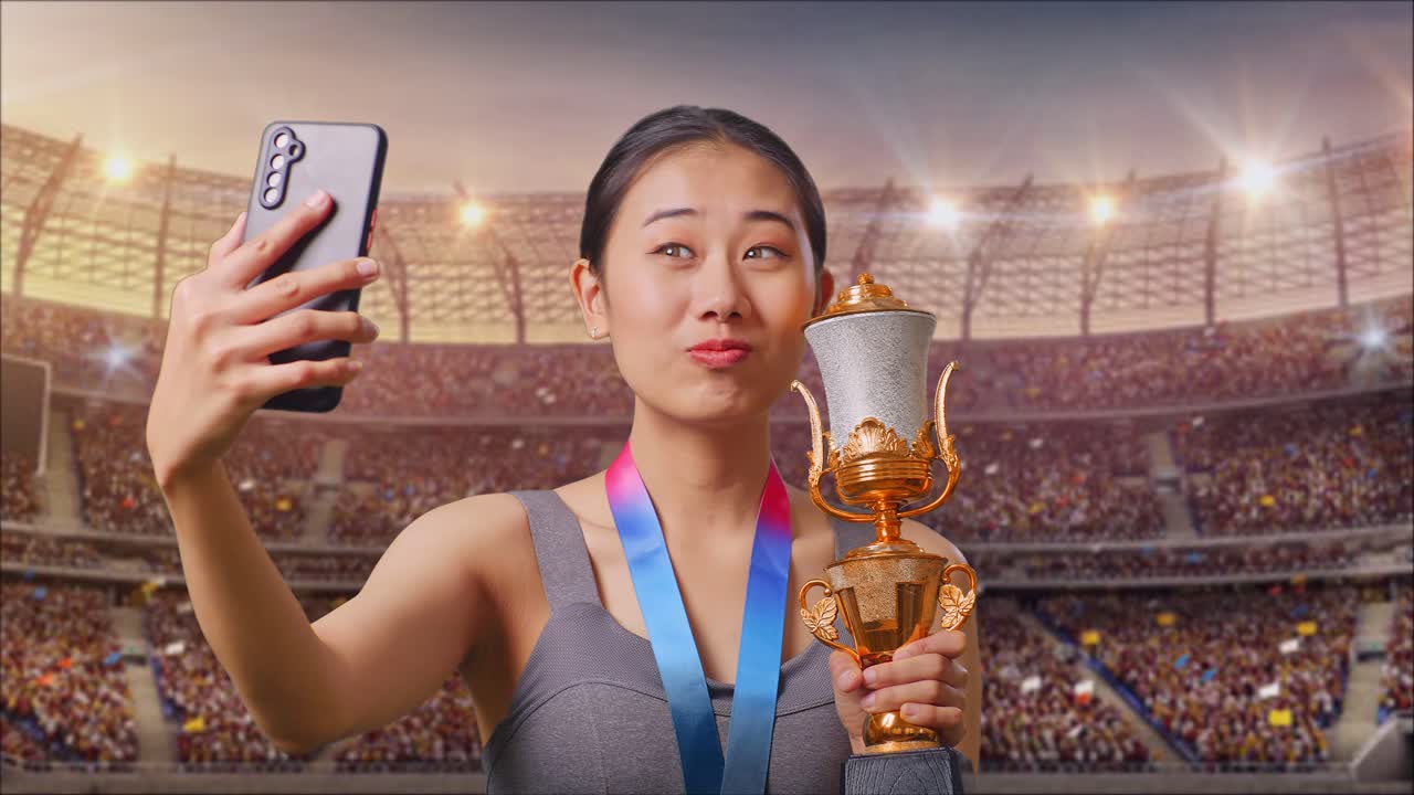 Close Up Of Asian Woman With A Gold Medal Holding A Gold Trophy And Taking Photo On Smartphone As The First Winner At The Stadium