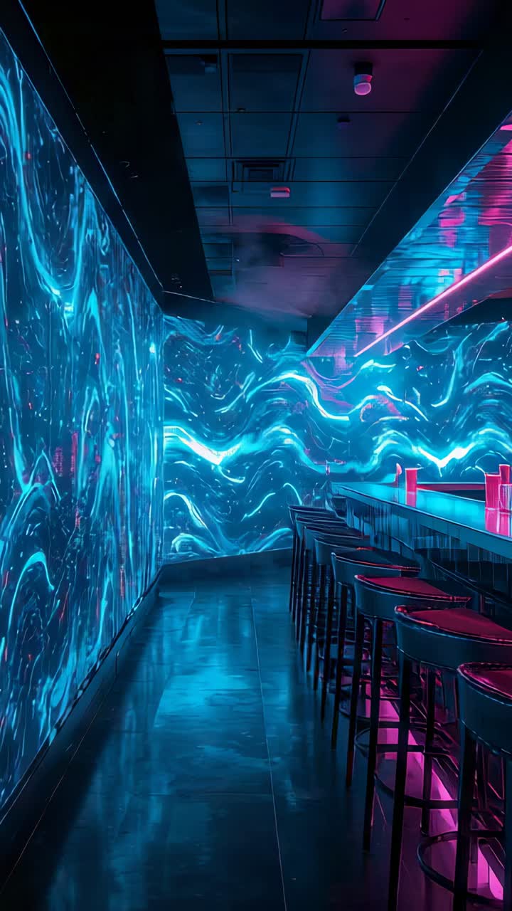 Vertical video: Moving camera sliding down neon bar, revealing aqua LED wall, pink strip and stools