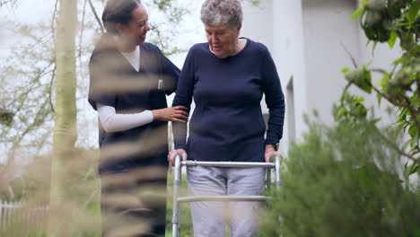 rehabilitation, walker or nurse talking to an old