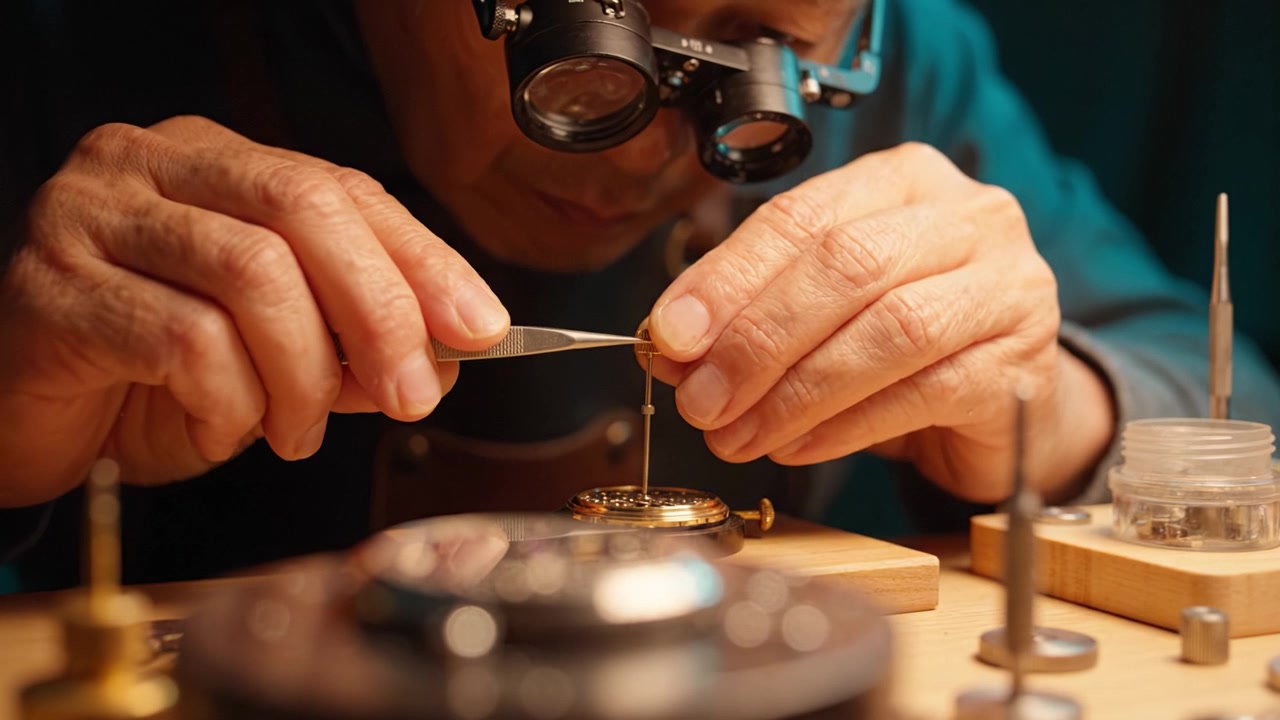 Artigiano esperto si concentra sulla riparazione di orologi di precisione con lente d'ingrandimento e strumenti in officina, mostrando l'arte del restauro di orologi con passione
