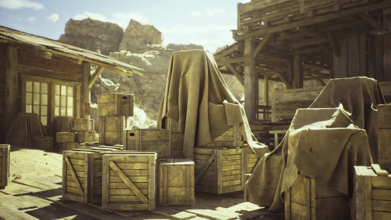 Old western town with wooden crates covered by tarps under bright sunlight
