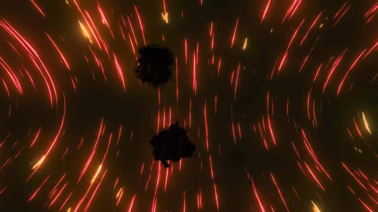 Abstract Animation of Glowing Red Light Streaks and Dark Floating Shapes