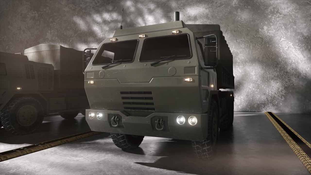 창고 에 있는 군용 화물 트럭