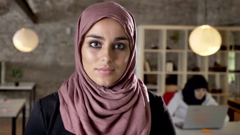 portrait of young muslim women in hijab looking in camera and down, two charming womens working in modern office