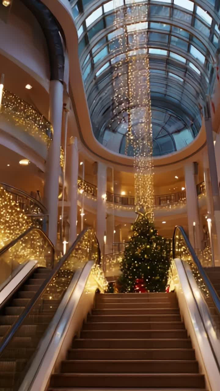 A Stunning Holiday Wonderland: View of a Majestic Staircase Adorned with Twinkling Lights, Leading to a Beautifully Decorated Christmas Tree in a Grand Indoor Space
